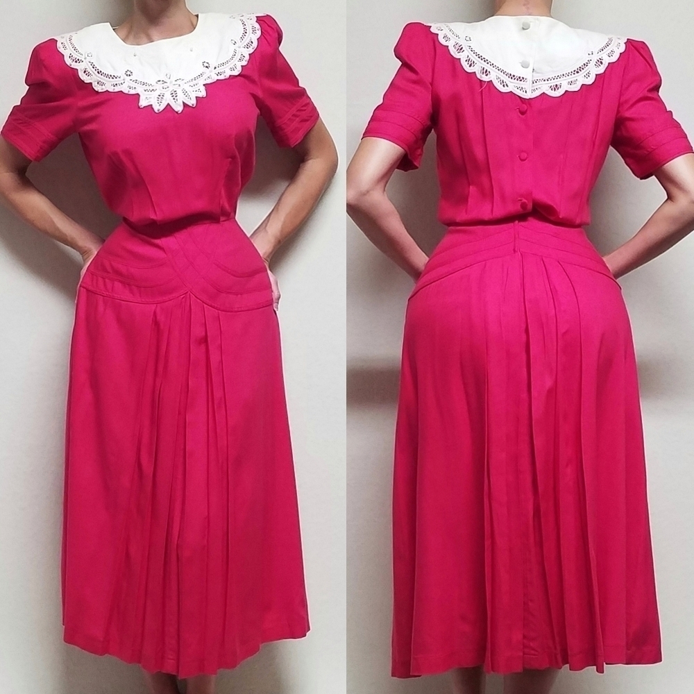 BarbieCore 90s Vintage Kathie Pink White Lace Beaded Bib Fitted Waist Midi Dress